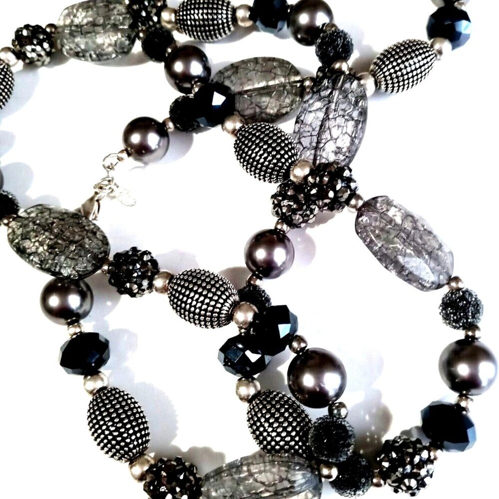 Dramatic Granny Chic Black Silver Necklace Glitzy Glam Statement 36" Eveningwear